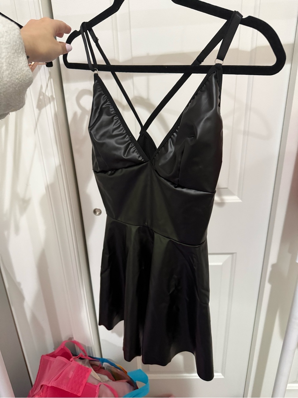 Black Strappy Pleather Chemise Nightdress - Women